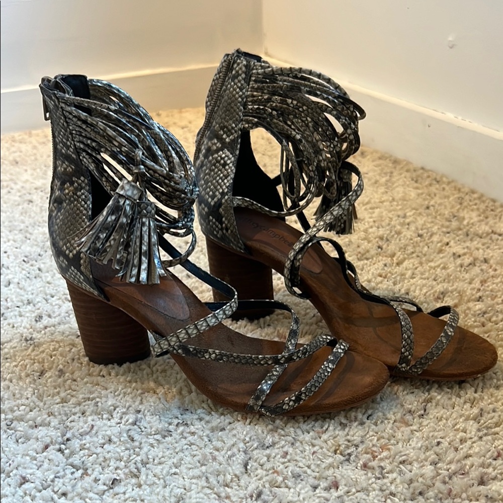 Gray and Brown Heels with Chunky Block Heel and Intricate Straps